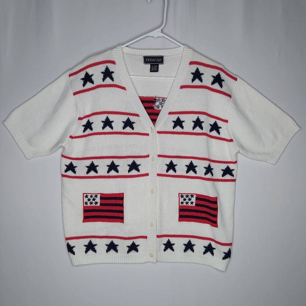 Terazzot Short Sleeve Cardigan Women Large Button Stars Stripe Patriotic Flag